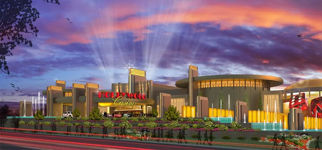 Rendering of Hollywood Casino at Penn National with vibrant sunset background.
