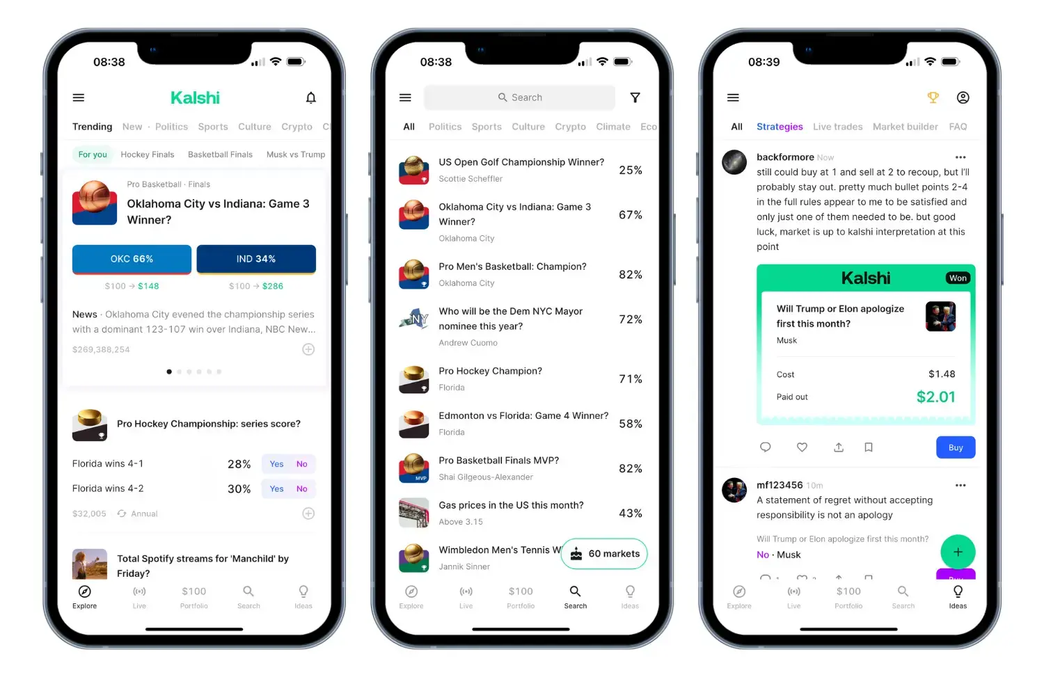 Kalshi app interface displaying sports betting markets and predictions.