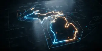 Michigan state map with digital geofencing grid and location technology overlay