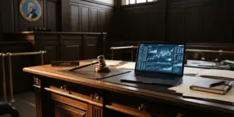 Courtroom with gavel and laptop showing prediction market charts, representing legal ruling against Kalshi