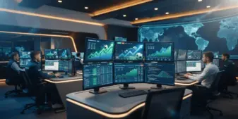 Modern sportsbook operations center with AI trading dashboards and live betting analytics displays
