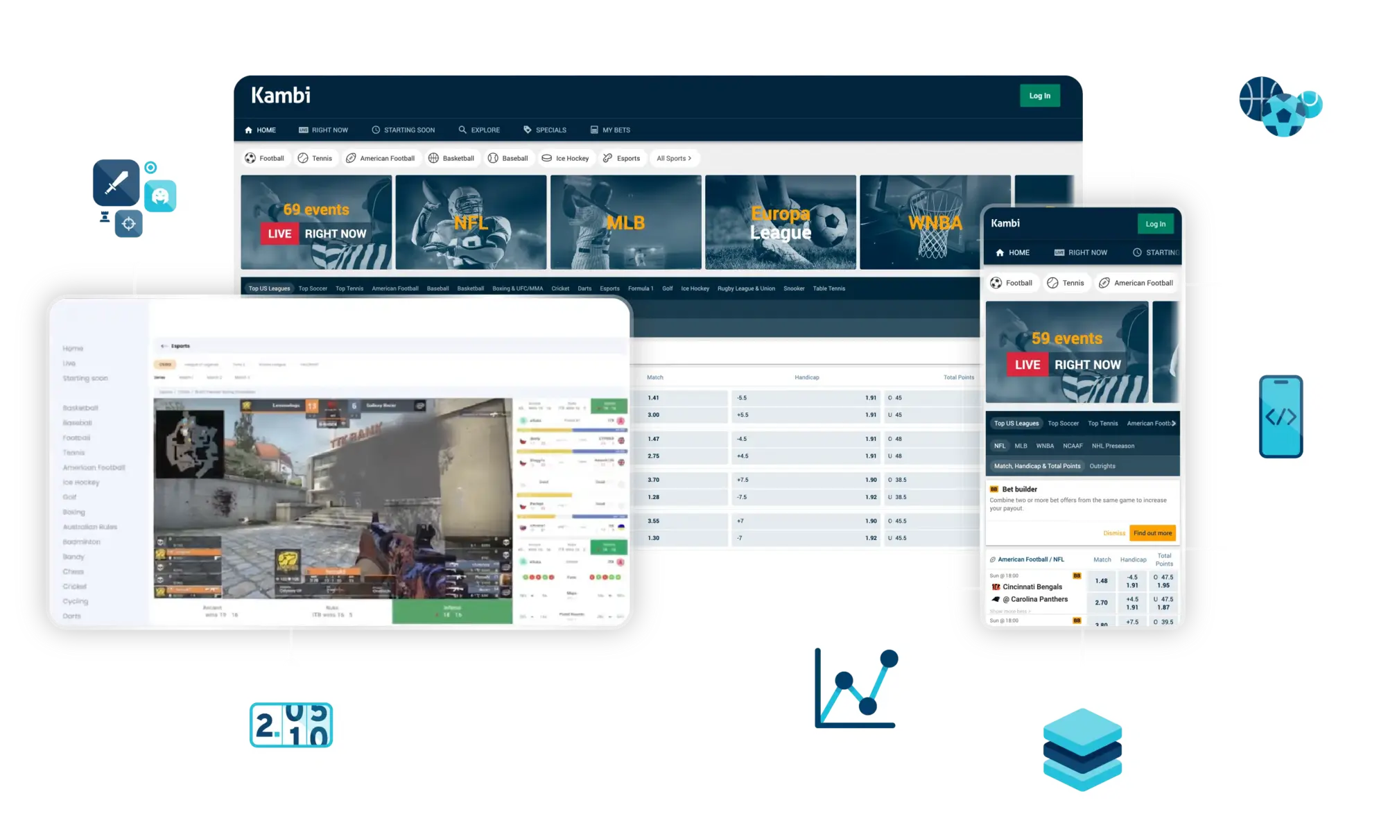 Screenshot of Kambi sportsbook platform displaying live sports events and betting options.