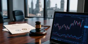Michigan regulatory office with gavel and trading charts symbolizing state enforcement against prediction markets