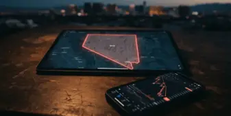 Nevada state border with digital geofence lines and smartphone displaying trading interface