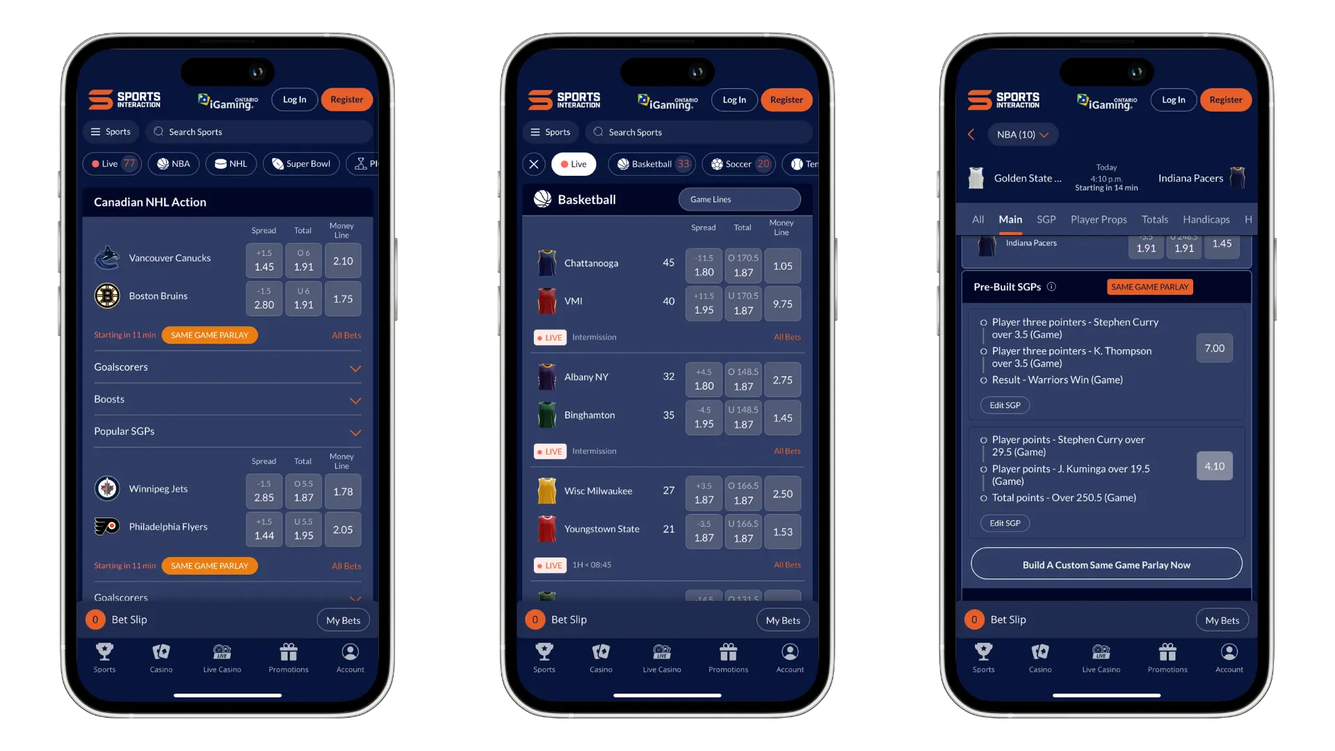 Screenshot of the Sports Interaction betting app displaying sports betting options.