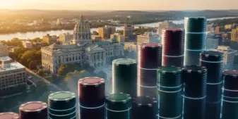 Pennsylvania skyline with illuminated casino chips forming upward bar graph pattern at golden hour
