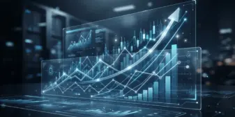 Upward trending financial charts representing Playtech's growth and raised guidance in B2B gaming technology
