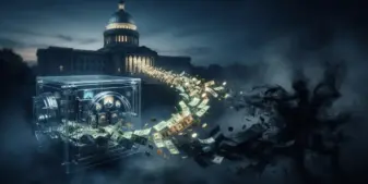 Money flowing from state capitol between regulated gaming vault and unregulated prediction market void