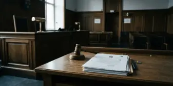 Swedish courtroom with judge's gavel and official documents representing AML enforcement ruling