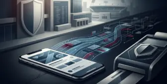 Smartphone showing regulated online sports betting beside secure digital compliance and payment systems