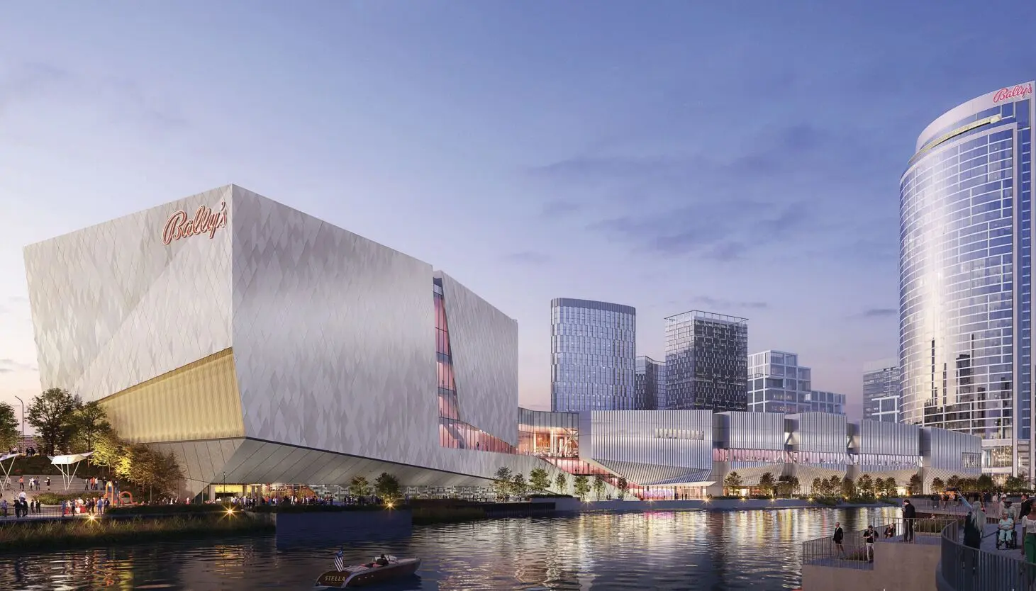 Architectural rendering of the Bally's resort with modern white geometric buildings along a waterfront.