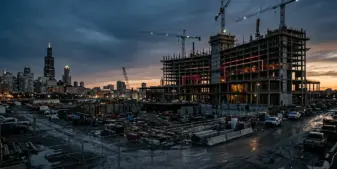 Partially built Chicago casino amid construction equipment and moody city light, reflecting Bally's financial pressure.