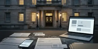 Editorial illustration of a magistrates’ court and anonymized betting fraud investigation materials