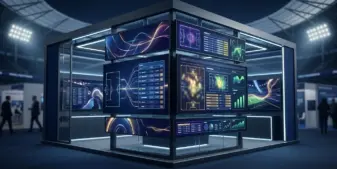 Betting technology booth showcasing a World Cup-focused sportsbook platform in a modern exhibition setting