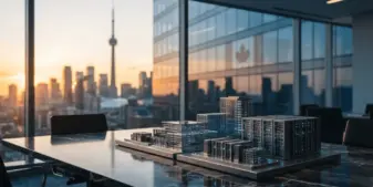Modern Toronto office building with Canadian maple leaf reflection and digital technology infrastructure models