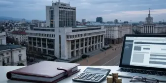 Sofia government district with compliance documents and euro coins representing Bulgaria’s gambling affiliate licence regime