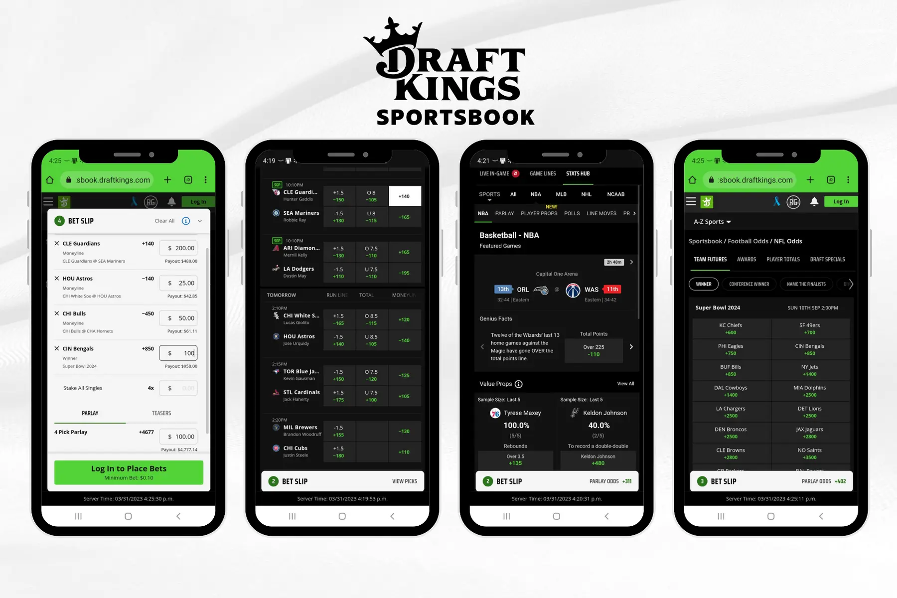 Four screenshots of the DraftKings Sportsbook mobile app showing the bet slip, game listings, NBA betting, and NFL odds.