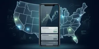 Smartphone showing an abstract prediction market interface with highlighted U.S. states