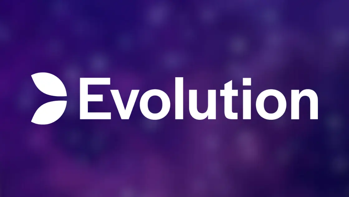 Evolution company logo with a white stylized leaf icon and text on a purple blurred background