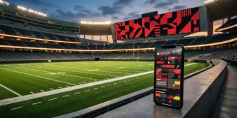 Empty NFL-style stadium with abstract sportsbook branding and smartphone betting interface