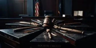 Fragmented judicial gavels on different benches representing federal circuit court jurisdictional split