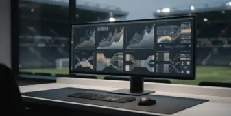 Sportsbook technology workstation with abstract betting analytics and a softly lit football stadium background