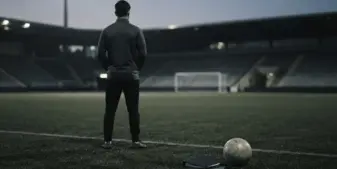 Footballer beside an empty pitch with a football and concealed betting device, symbolizing a betting investigation.