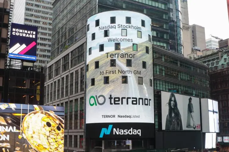 A large digital billboard in Times Square displaying a welcome message from Nasdaq Stockholm for Terranor.