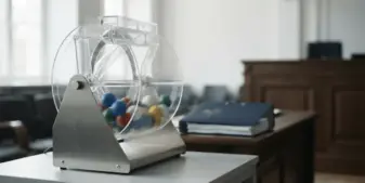 Lottery draw machine beside legal documents symbolising Norsk Tipping’s customer settlement