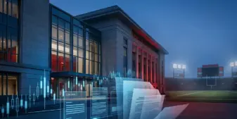 Federal courthouse and abstract sports prediction market visuals representing Novig's Wisconsin gambling enforcement challenge