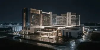 Nighttime view of a casino resort suggesting weaker VIP gaming revenue at Okada Manila