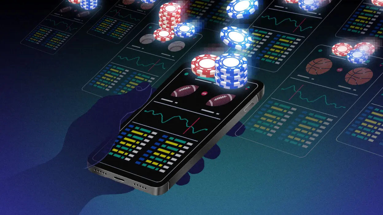 Digital illustration of a hand holding a smartphone with a sports betting app interface and floating casino chips
