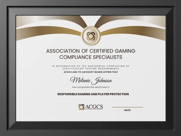 Framed certificate for Responsible Gaming and Player Protection from the Association of Certified Gaming Compliance Specialists