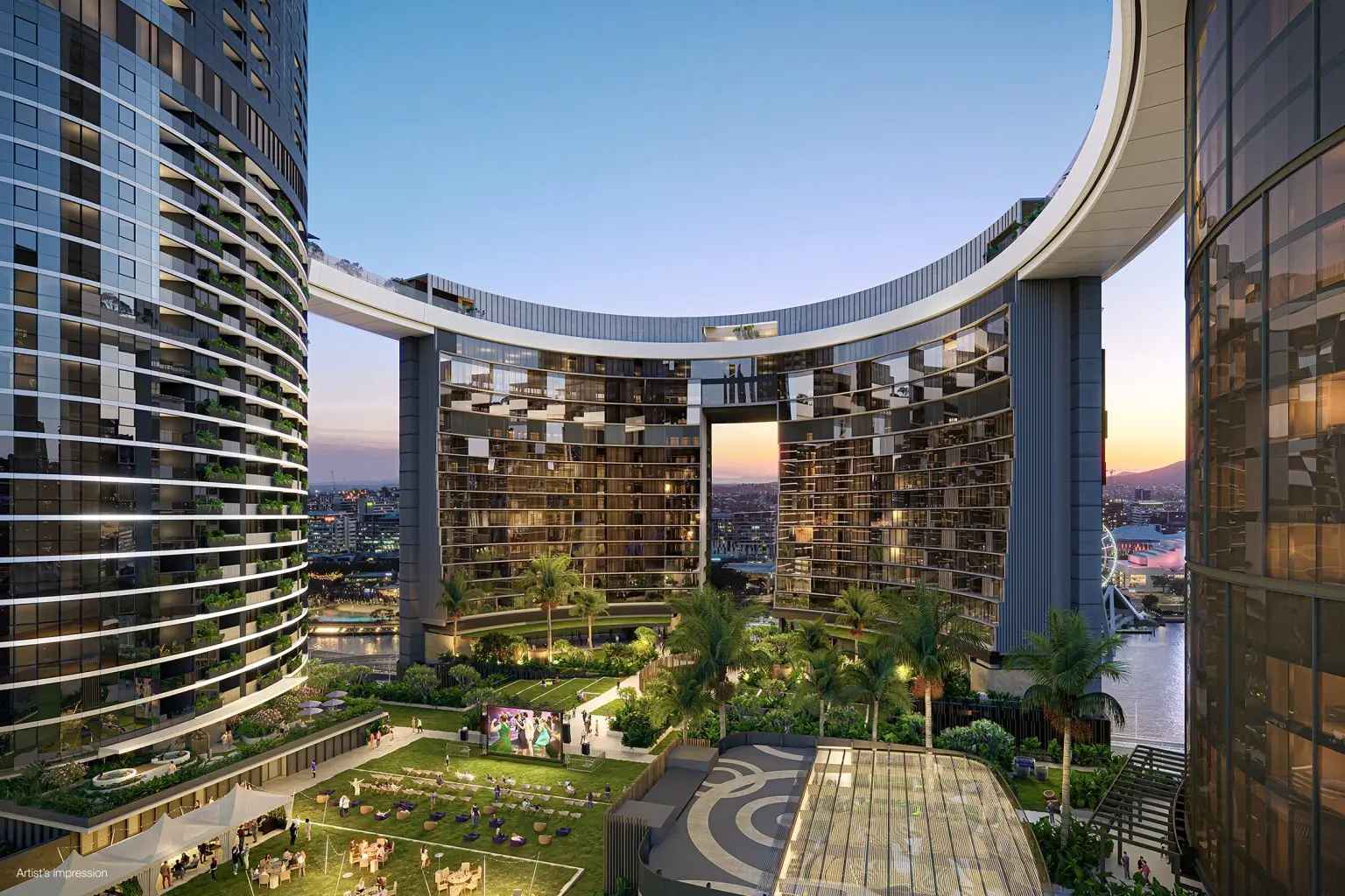 Architectural rendering of The Star Brisbane Queens Wharf casino and resort with luxury towers and greenery