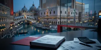 Venetian-inspired Las Vegas casino exterior beside documents symbolizing an anti-money-laundering settlement