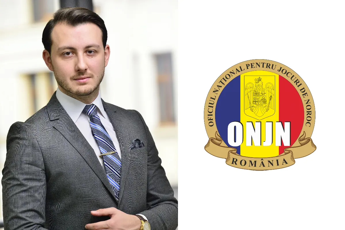 Portrait of Vlad Cristian Soare in a grey suit next to the official ONJN Romania logo