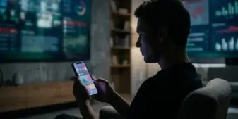 Young adult viewing a smartphone with abstract social media content linked to suspected illegal online draws