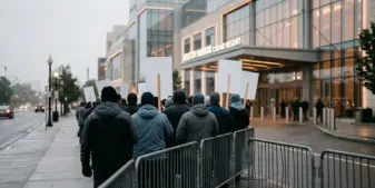 Anonymous casino workers gather outside Encore Boston Harbor during a labor strike.