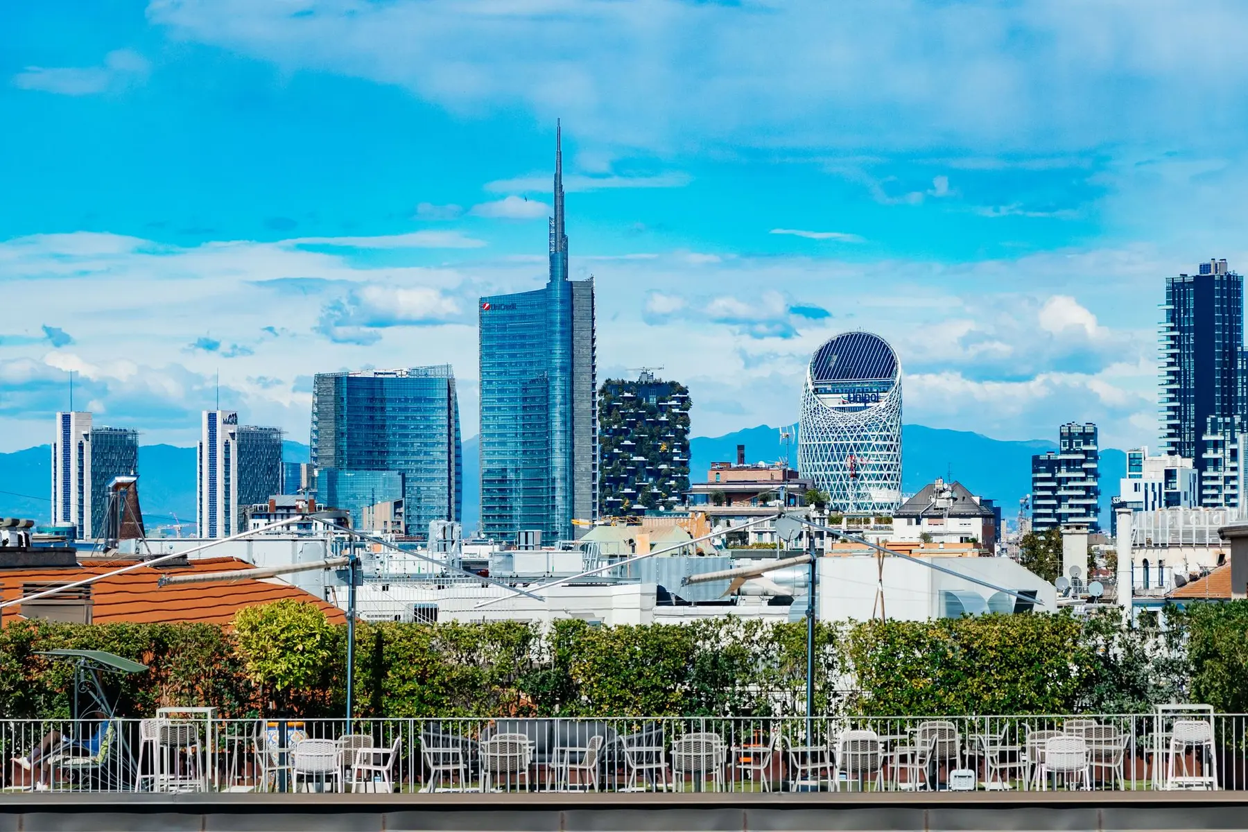 Panoramic view of the Milan skyline featuring the UniCredit Tower and modern skyscrapers under a blue sky.