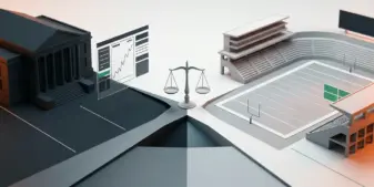 Split visual of a courthouse and football stadium representing uncertainty over sports prediction market regulation