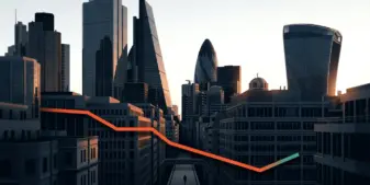 London financial district with an orange market line showing Entain’s fall and cautious recovery