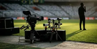 Football officiating technology at a Brazilian stadium, illustrating Genius Sports' continued CBF partnership.