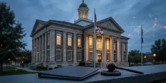 Iowa courthouse and legal documents representing the state’s authority in the Kalshi prediction-market case