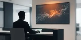 Compliance analyst reviewing abstract prediction-market surveillance data at a regulatory trading desk