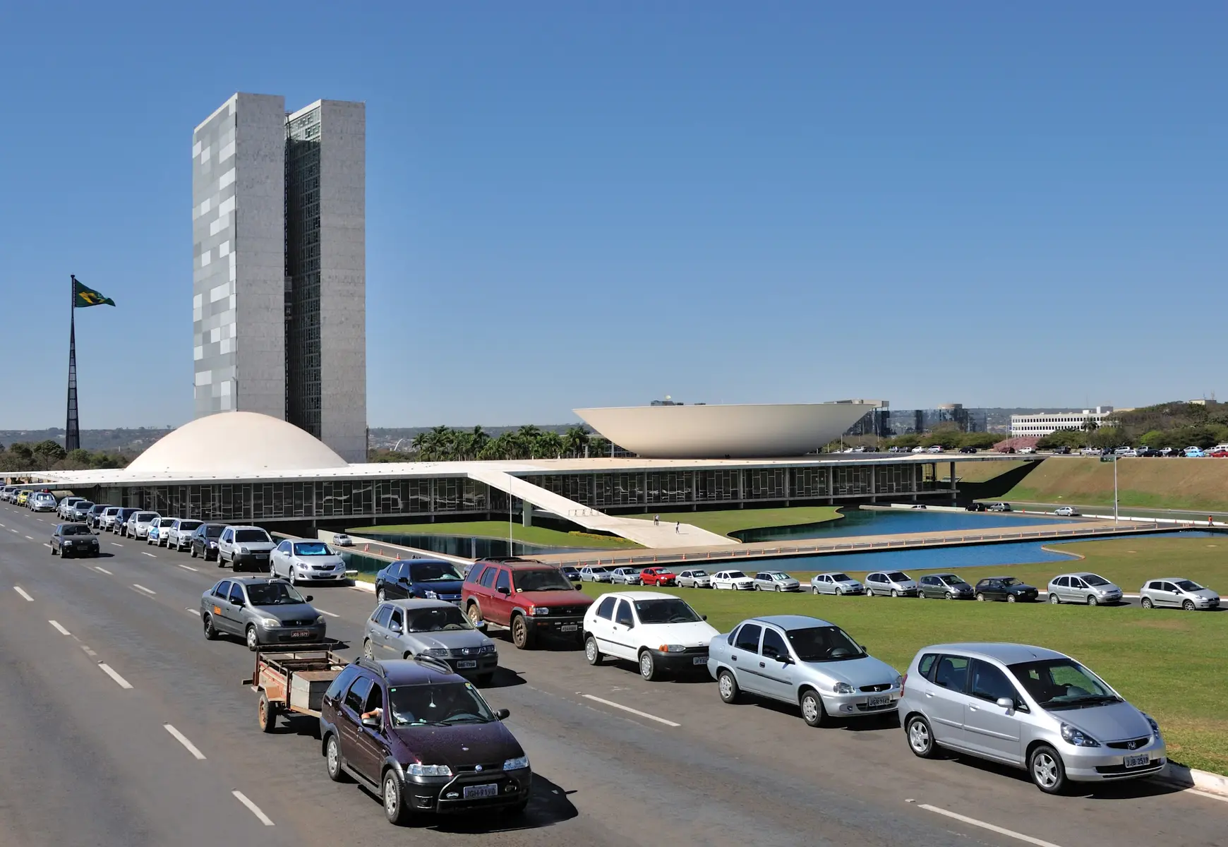 The National Congress of Brazil in Brasília, featuring its twin towers and hemispherical domes.