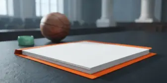 Blank legal contracts and an orange folder on a courtroom table with a blurred basketball behind them