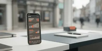 Smartphone analytics beside a blurred betting shop, illustrating faster remote gambling growth than land-based operations