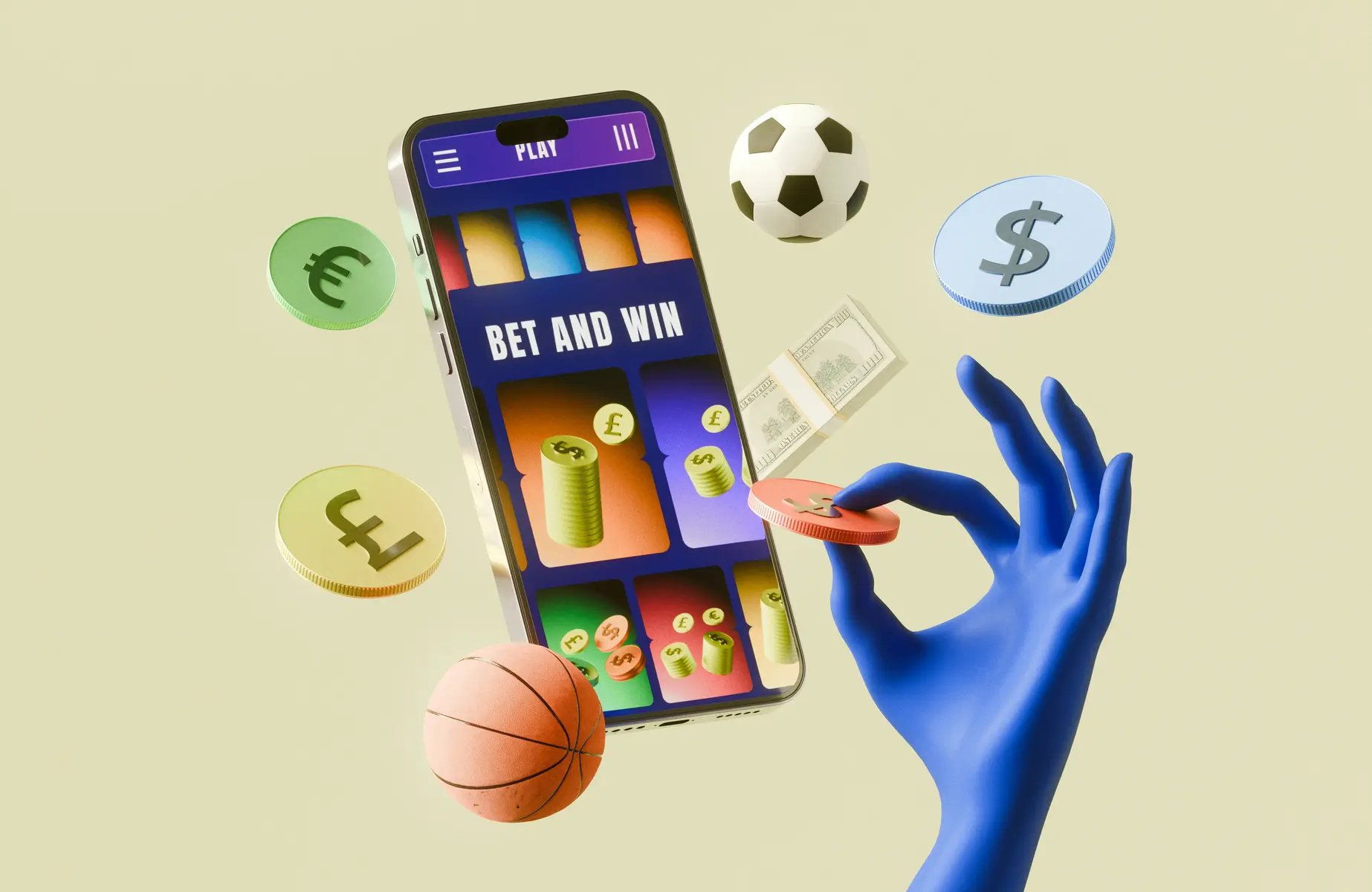A 3D illustration of a smartphone with a betting app surrounded by coins, sports balls, and money.
