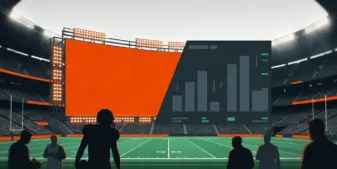 Football stadium and abstract trading display represent the fight for prediction-market bettors