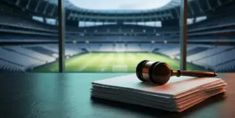 Gavel and legal documents with a defocused football stadium representing sports-betting regulation